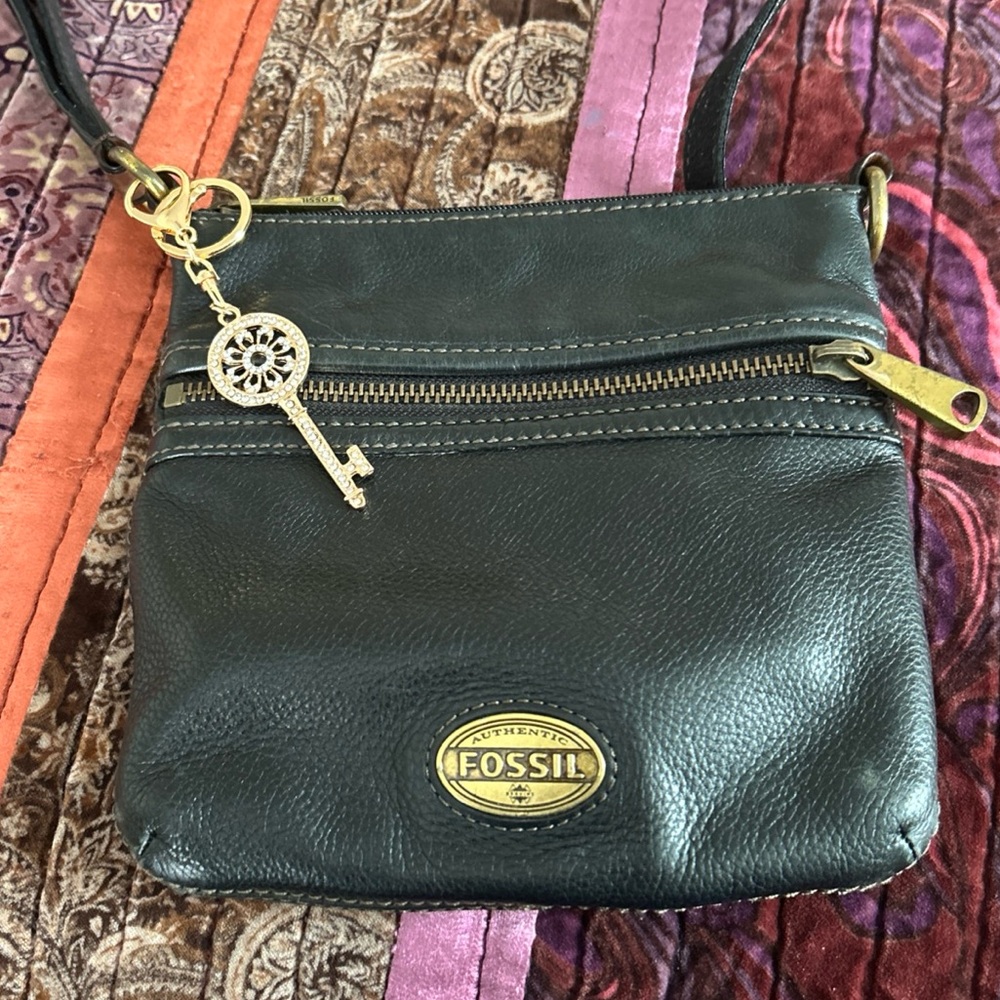 Fossil Black Crossbody Bag with Gold Accents